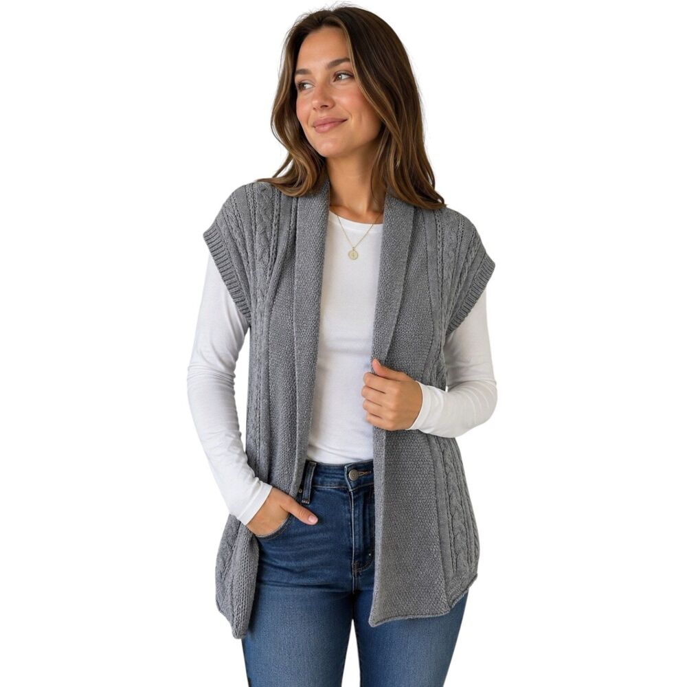 Simply Suzie Gray Cable Knit Sweater Vest Cardigan Open Front Women’s Fisherman